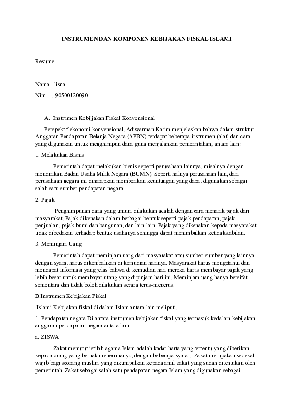 (DOC) INSTRUMEN DAN KOMPONEN KEBIJAKAN FISKAL ISLAMI Resume : Nama ...