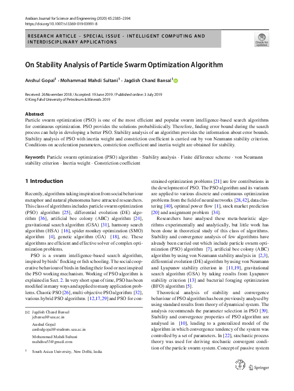 (PDF) On Stability Analysis of Particle Swarm Optimization Algorithm