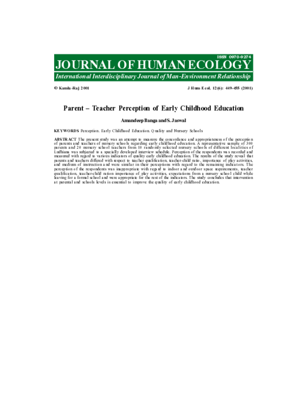 (PDF) Parent - Teacher Perception of Early Childhood Education