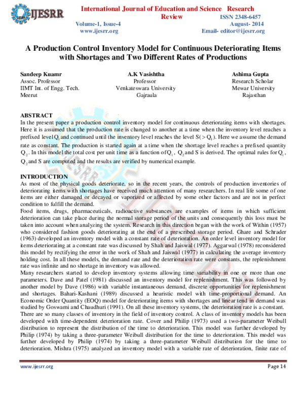 (PDF) A Production Control Inventory Model for Continuous Deteriorating ...