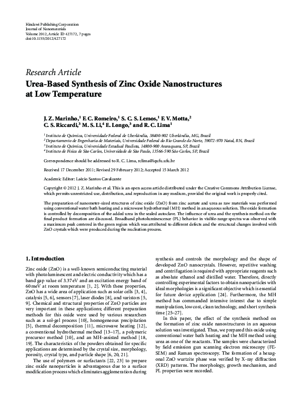 (PDF) Urea-Based Synthesis of Zinc Oxide Nanostructures at Low Temperature