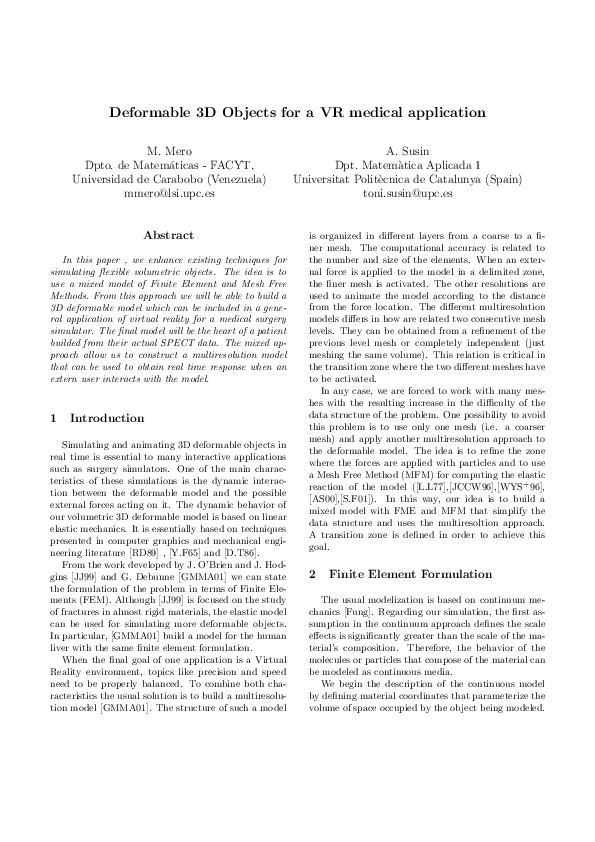 (PDF) Deformable 3D Objects for a VR medical application