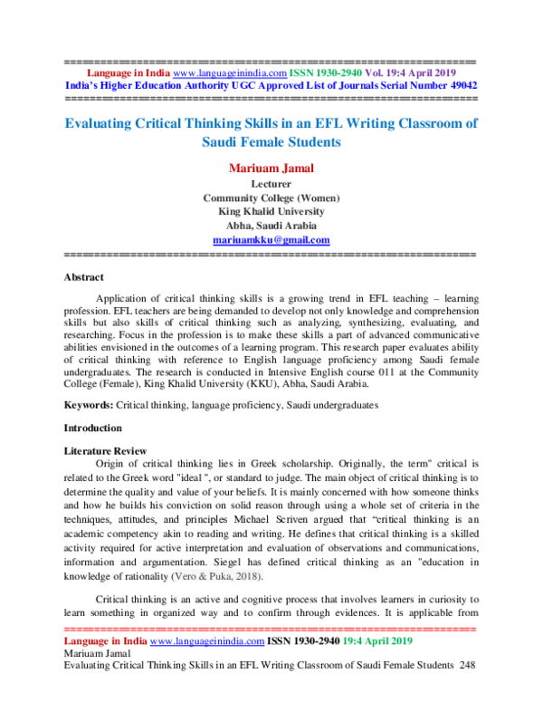 (PDF) Evaluating Critical Thinking Skills in an EFL Writing Classroom ...