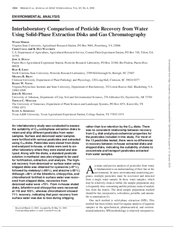 (PDF) Interlaboratory Comparison of Pesticide Recovery from Water Using ...