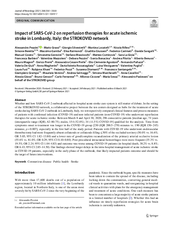 (PDF) Impact of SARS-CoV-2 on reperfusion therapies for acute ischemic ...