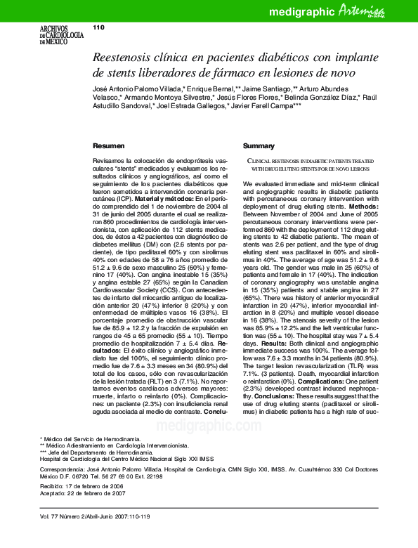 (PDF) Reestenosis clínica en pacientes diabéticos con implante de ...