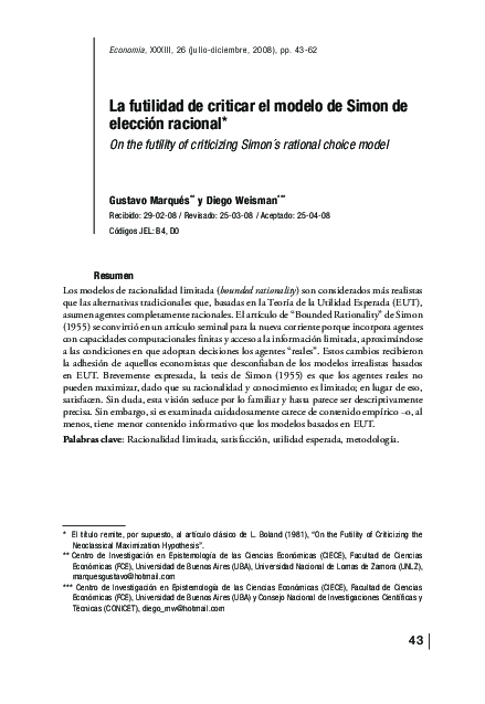 (PDF) La futilidad de criticar el modelo de Simon de elección racional