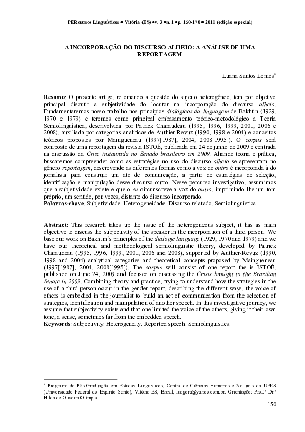 (PDF) A Incorporação Do Discurso Alheio: A Análise De Uma Reportagem