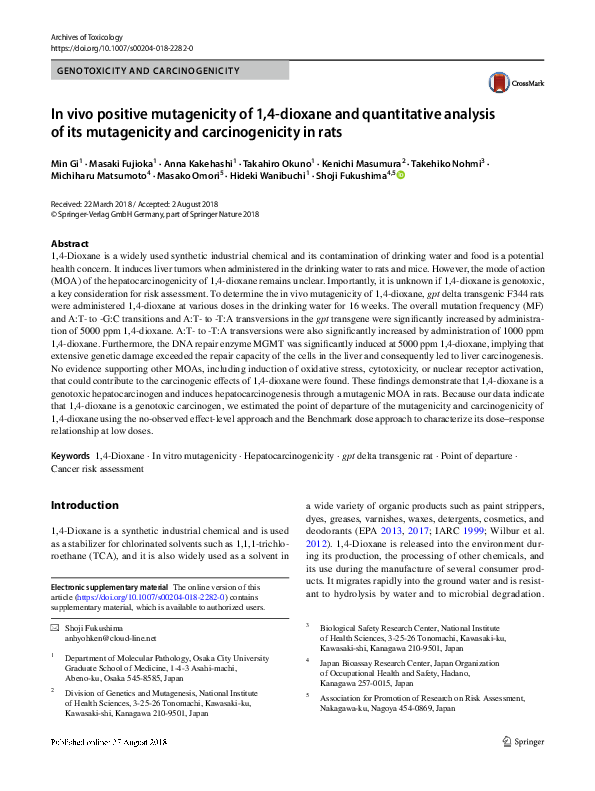 (PDF) In vivo positive mutagenicity of 1,4-dioxane and quantitative ...