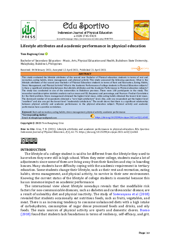 (PDF) Lifestyle attributes and academic performance in physical education