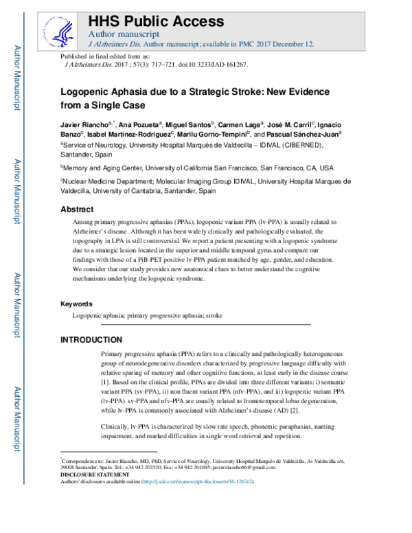 (PDF) Logopenic Aphasia due to a Strategic Stroke: New Evidence from a ...