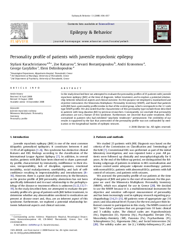 (PDF) Personality profile of patients with juvenile myoclonic epilepsy