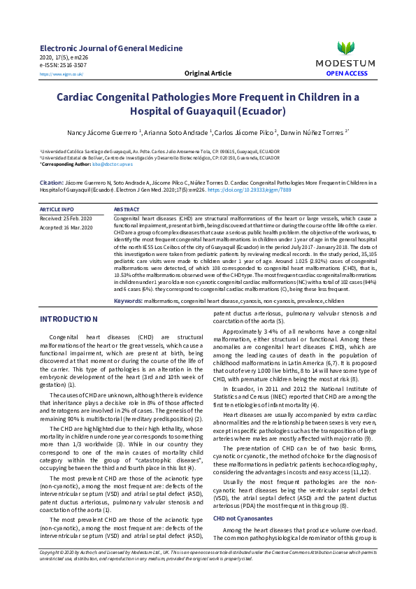Cardiac Congenital Pathologies More Frequent in Children in a Hospital of Guayaquil (Ecuador)