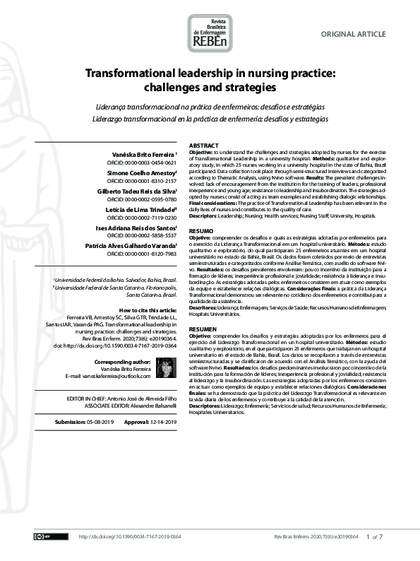 (PDF) Transformational leadership in nursing practice: challenges and ...