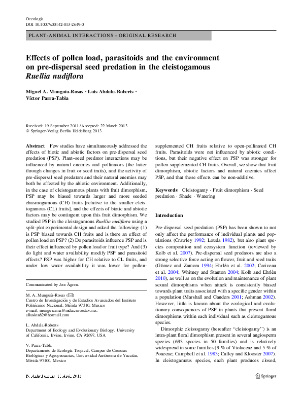 (PDF) Effects of pollen load, parasitoids and the environment on pre ...