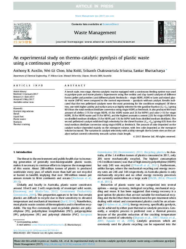 (PDF) An experimental study on thermo-catalytic pyrolysis of plastic ...