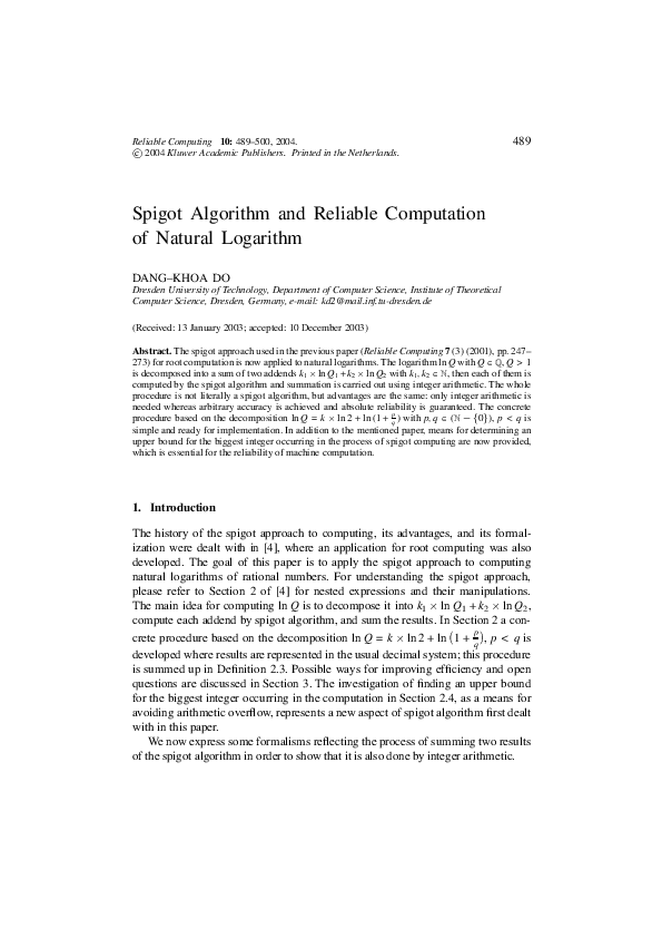 (PDF) Spigot Algorithm and Reliable Computation of Natural Logarithm