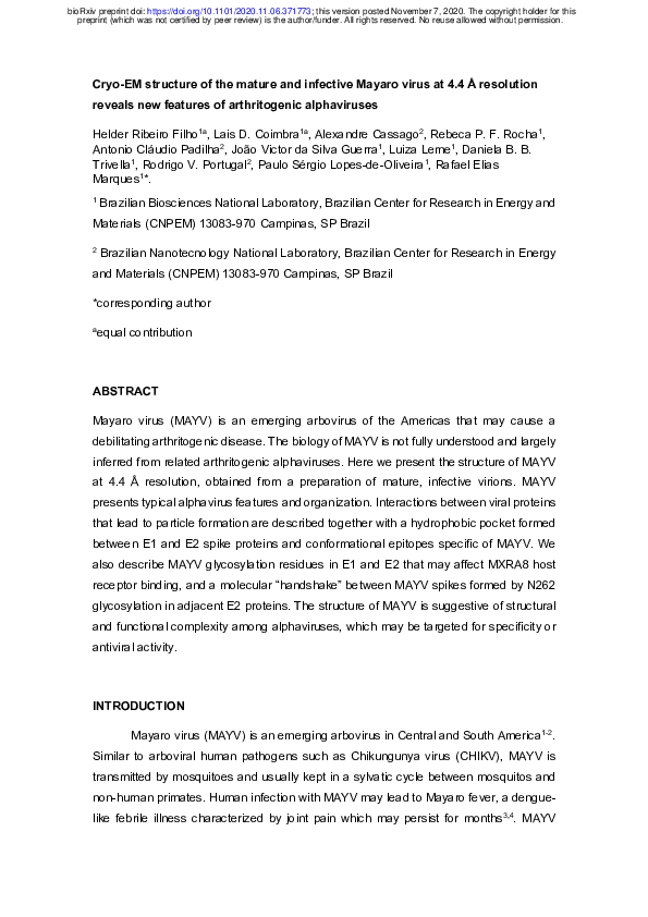Cryo-EM structure of the mature and infective Mayaro virus at 4.4 Å resolution reveals new features of arthritogenic alphaviruses