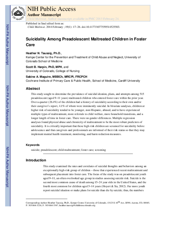 (PDF) Suicidality Among Preadolescent Maltreated Children in Foster Care