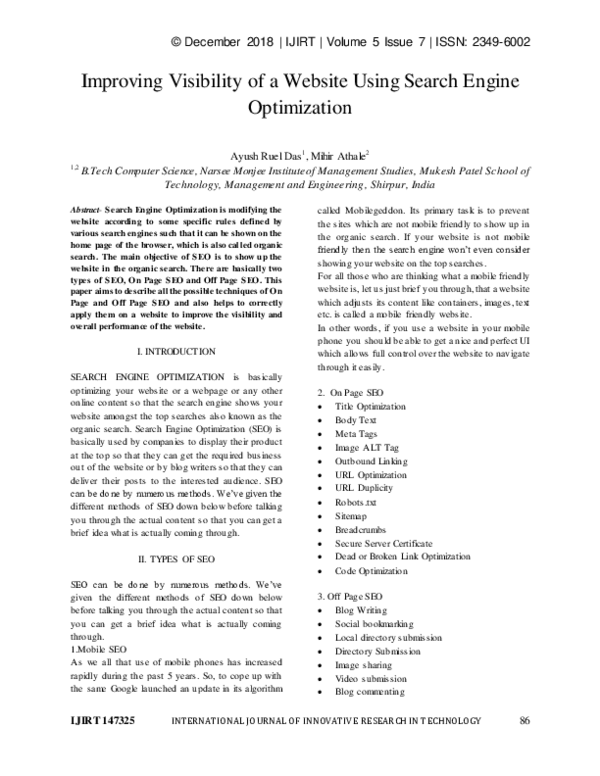 (PDF) Improving Visibility of a Website Using Search Engine Optimization