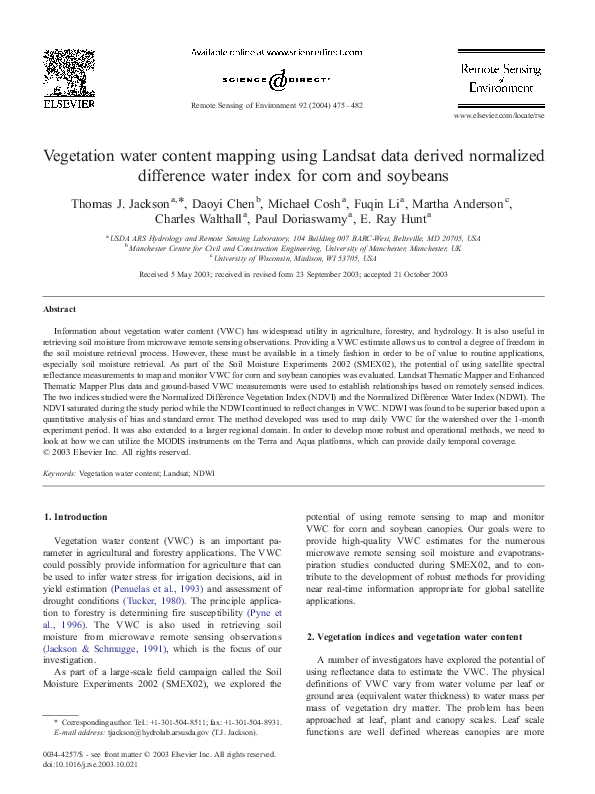 (PDF) Vegetation water content mapping using Landsat data derived ...