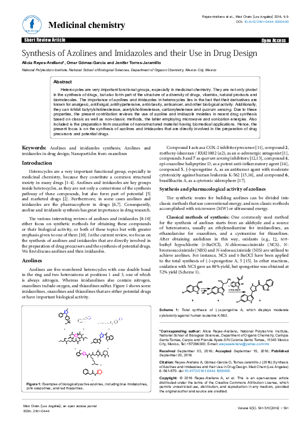 (PDF) Synthesis of Azolines and Imidazoles and their Use in Drug Design