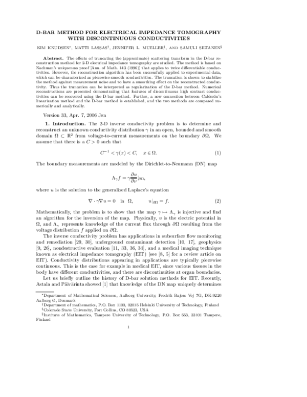 (PDF) D‐Bar Method for Electrical Impedance Tomography with ...