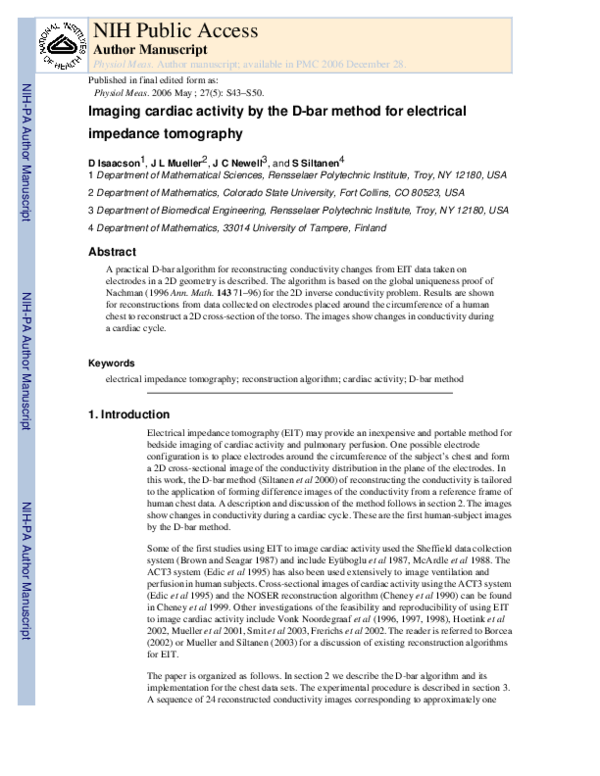 (PDF) Imaging cardiac activity by the D-bar method for electrical ...