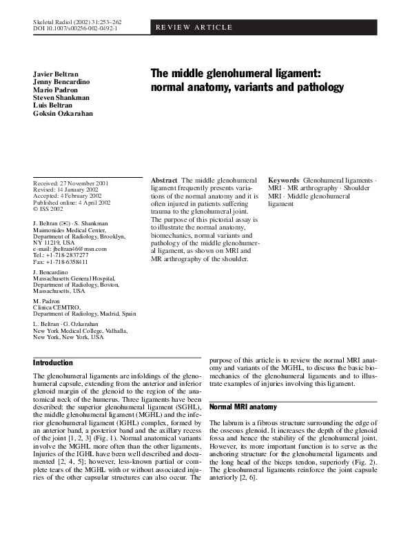 (PDF) The middle glenohumeral ligament: normal anatomy, variants and ...