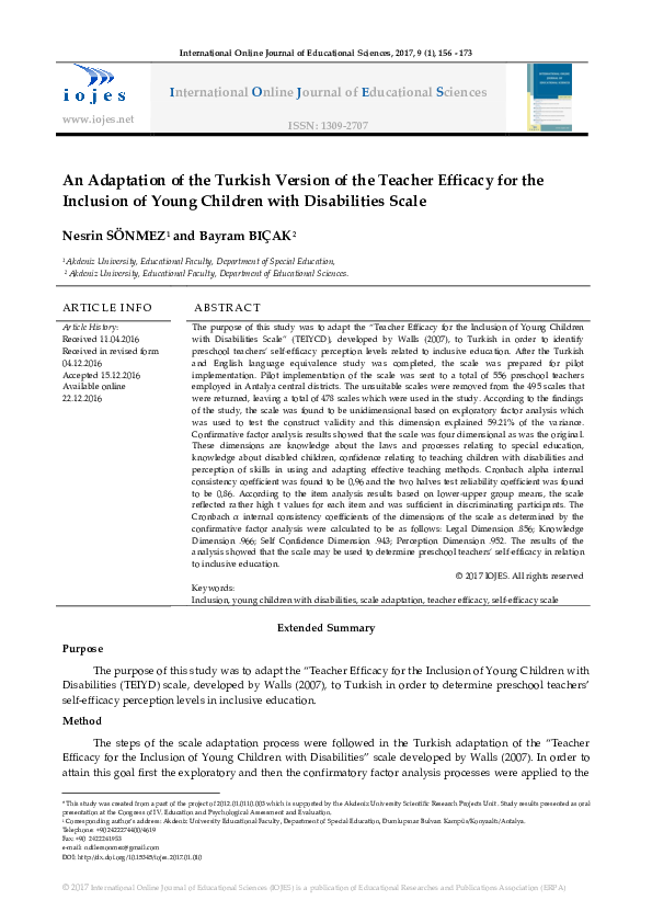 (PDF) An Adaptation of the Turkish Version of the Teacher Efficacy for ...