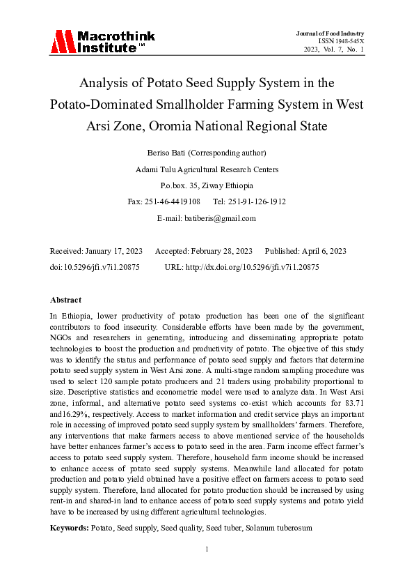 (PDF) Analysis of Potato Seed Supply System in the Potato-Dominated ...