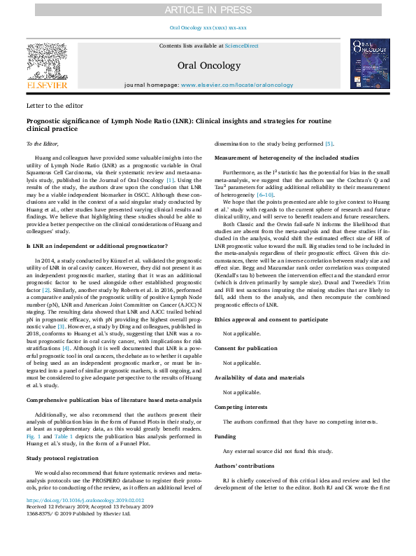 (PDF) Prognostic significance of Lymph Node Ratio (LNR): Clinical ...