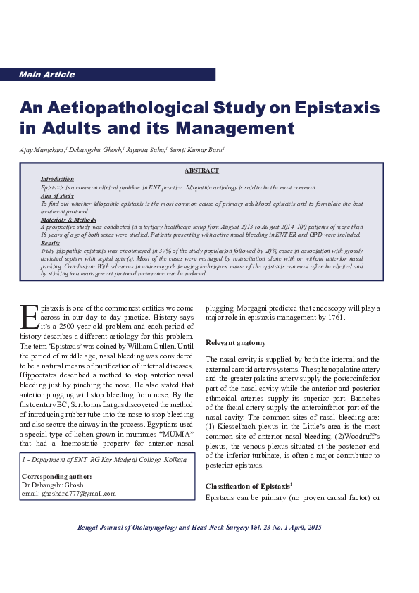 (PDF) An Aetiopathological Study on Epistaxis in Adults and its Management