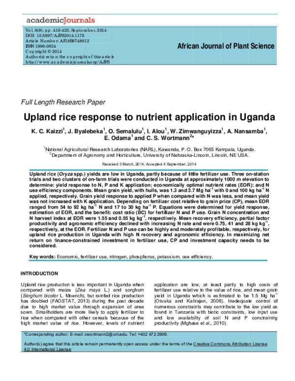 (PDF) Upland rice response to nutrient application in Uganda