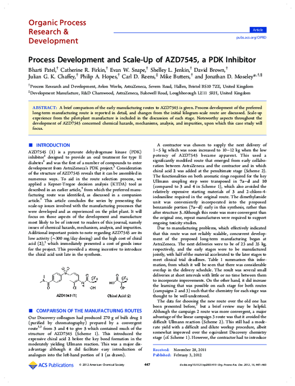 (PDF) Process development and scale-up of AZD7545, a PDK inhibitor