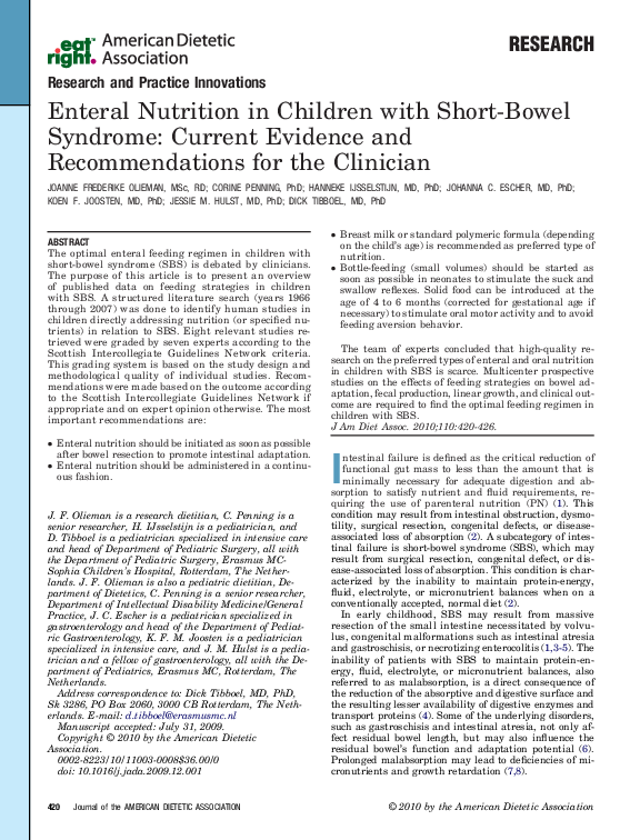 (PDF) Enteral Nutrition in Children with Short-Bowel Syndrome: Current ...