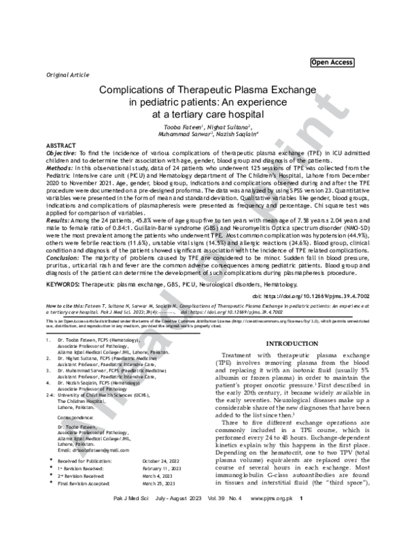 (PDF) Complications of Therapeutic Plasma Exchange in pediatric ...
