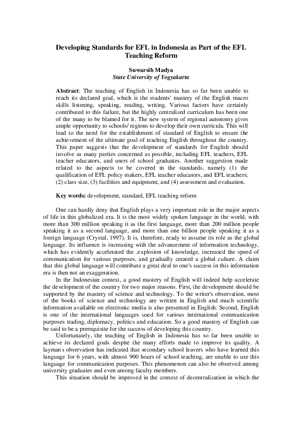 (PDF) Developing Standards for EFL in Indonesia as Part of the EFL ...