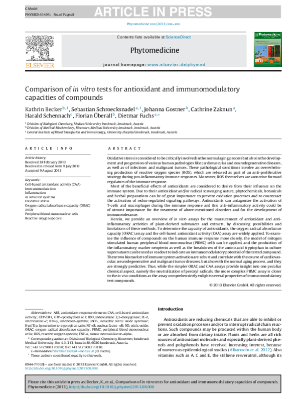 (PDF) Comparison of in vitro tests for antioxidant and immunomodulatory ...