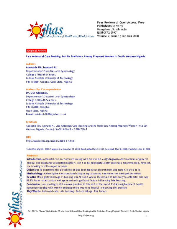 (PDF) Late Antenatal Care Booking And Its Predictors Among Pregnant ...