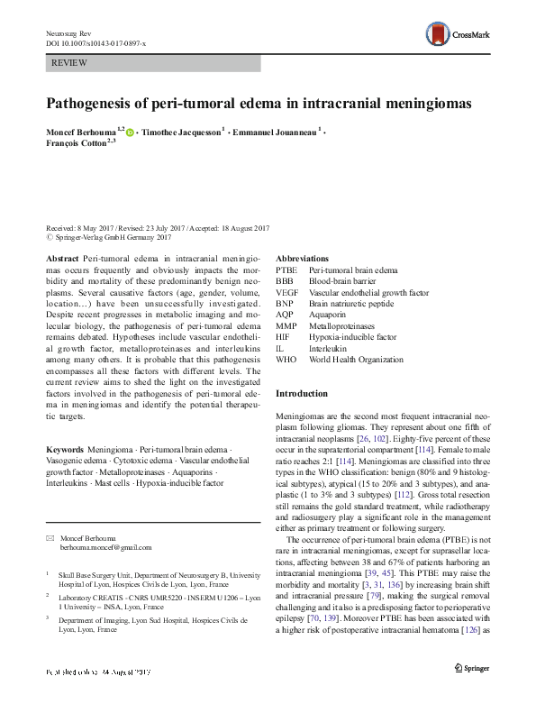 (PDF) Pathogenesis of peri-tumoral edema in intracranial meningiomas