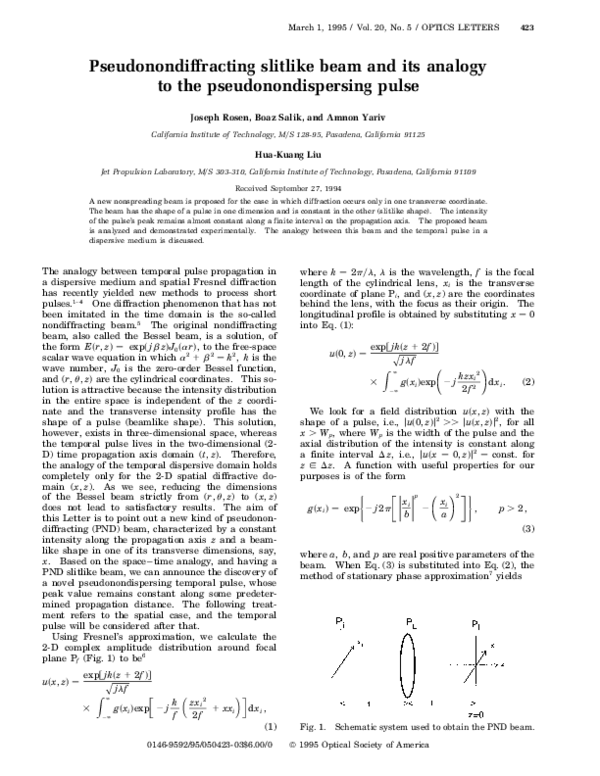 (PDF) Pseudonondiffracting slitlike beam and its analogy to the ...