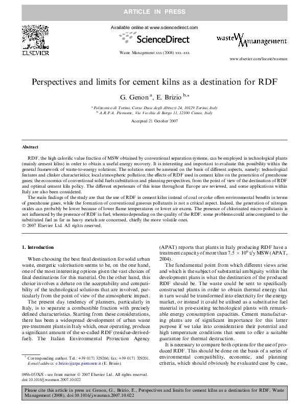(PDF) Perspectives and limits for cement kilns as a destination for RDF