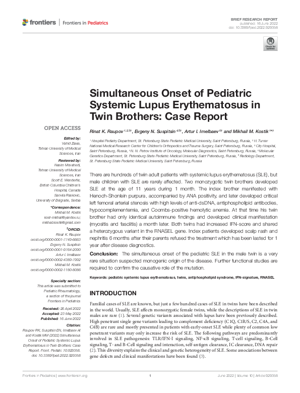 (PDF) Simultaneous Onset of Pediatric Systemic Lupus Erythematosus in ...