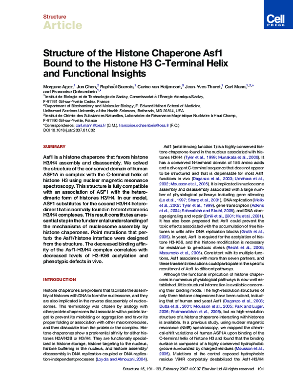 (PDF) Structure of the Histone Chaperone Asf1 Bound to the Histone H3 C ...