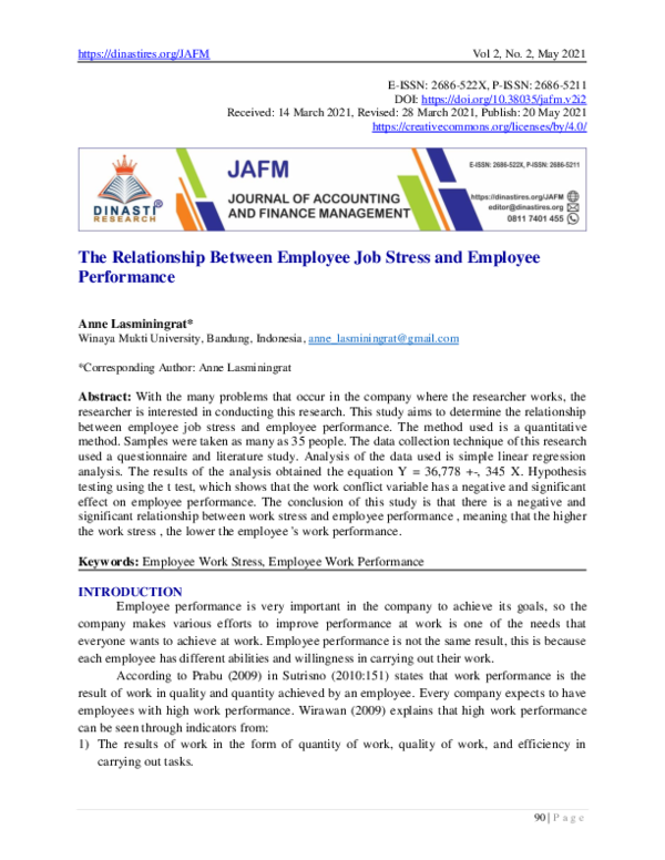 (PDF) The Relationship Between Employee Job Stress and Employee Performance