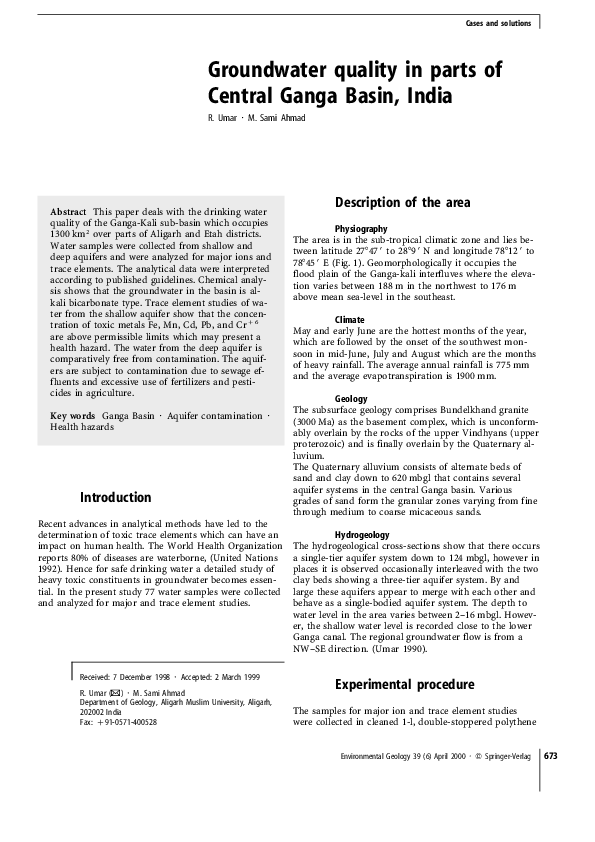 (PDF) Groundwater quality in parts of Central Ganga Basin, India