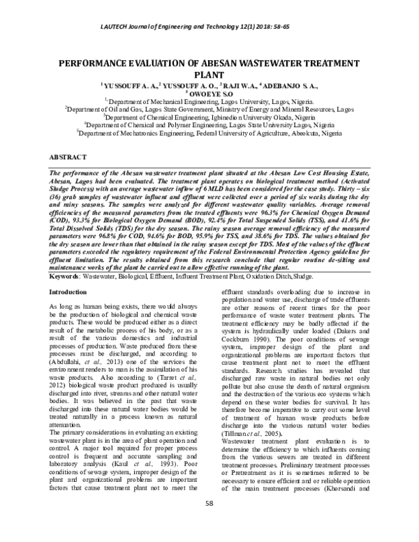 (PDF) Performance Evaluation of Abesan Wastewater Treatment Plant