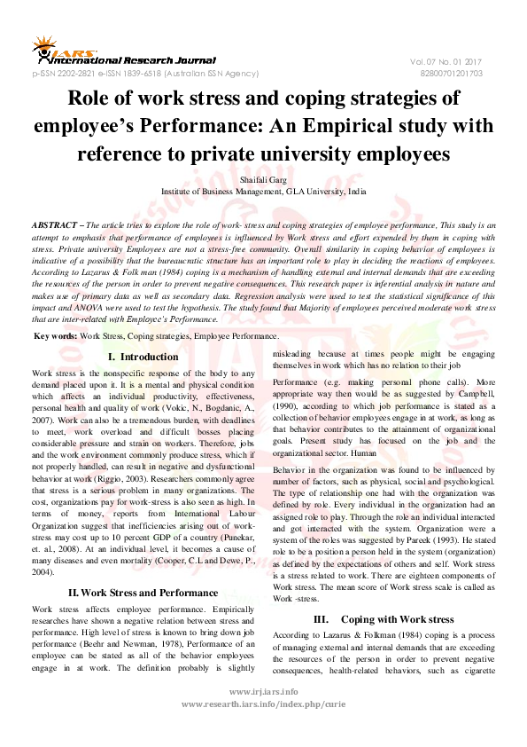 (PDF) Role of work stress and coping strategies of employeeâ€™s ...
