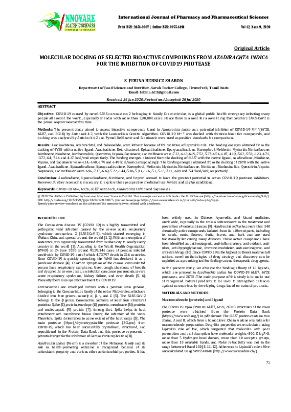 (PDF) MOLECULAR DOCKING OF SELECTED BIOACTIVE COMPOUNDS FROM ...